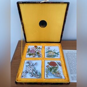 Yi Lin Arts Flowers of the Seasons Set of 4 Chinese Floral Tile Silk Brocade Box
